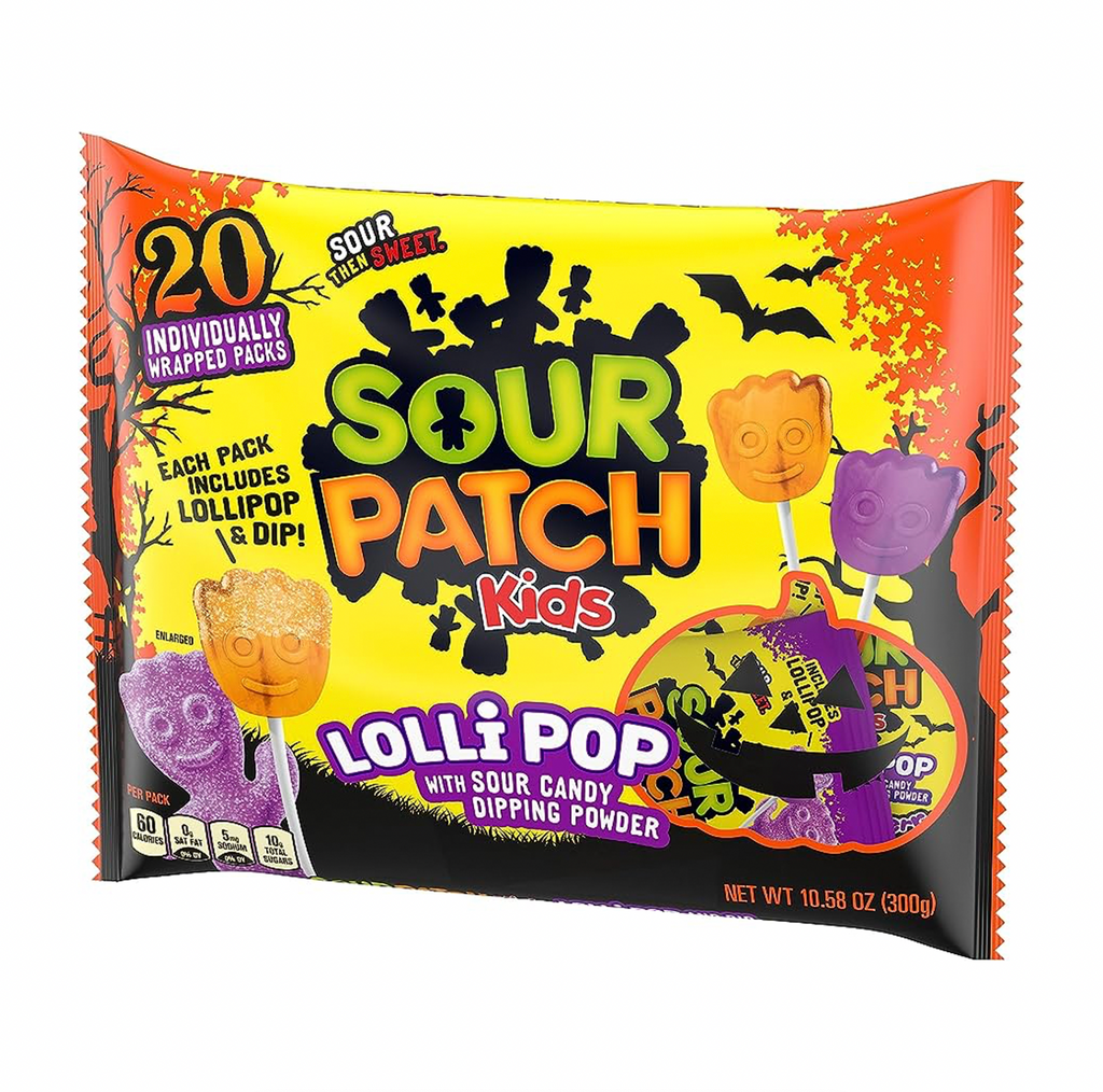 Sour Patch Kids Halloween Lollipops with Dipping Powder 20 Pack 300g - Sugar Box