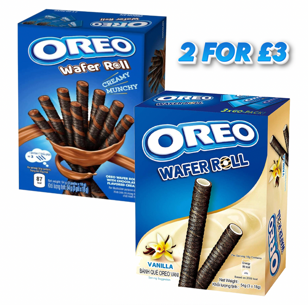 Oreo Wafer Rolls Vanilla & Chocolate 54g - 2 for £3 Bundle - Sugar Box