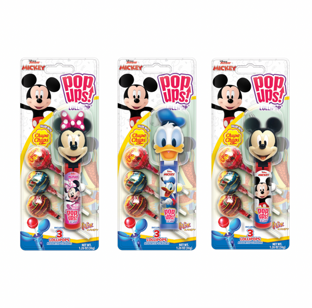 Chupa Chups Disney Mickey, Minnie and Donald Pop-ups Lollipops 3 Pops 36g - Sugar Box